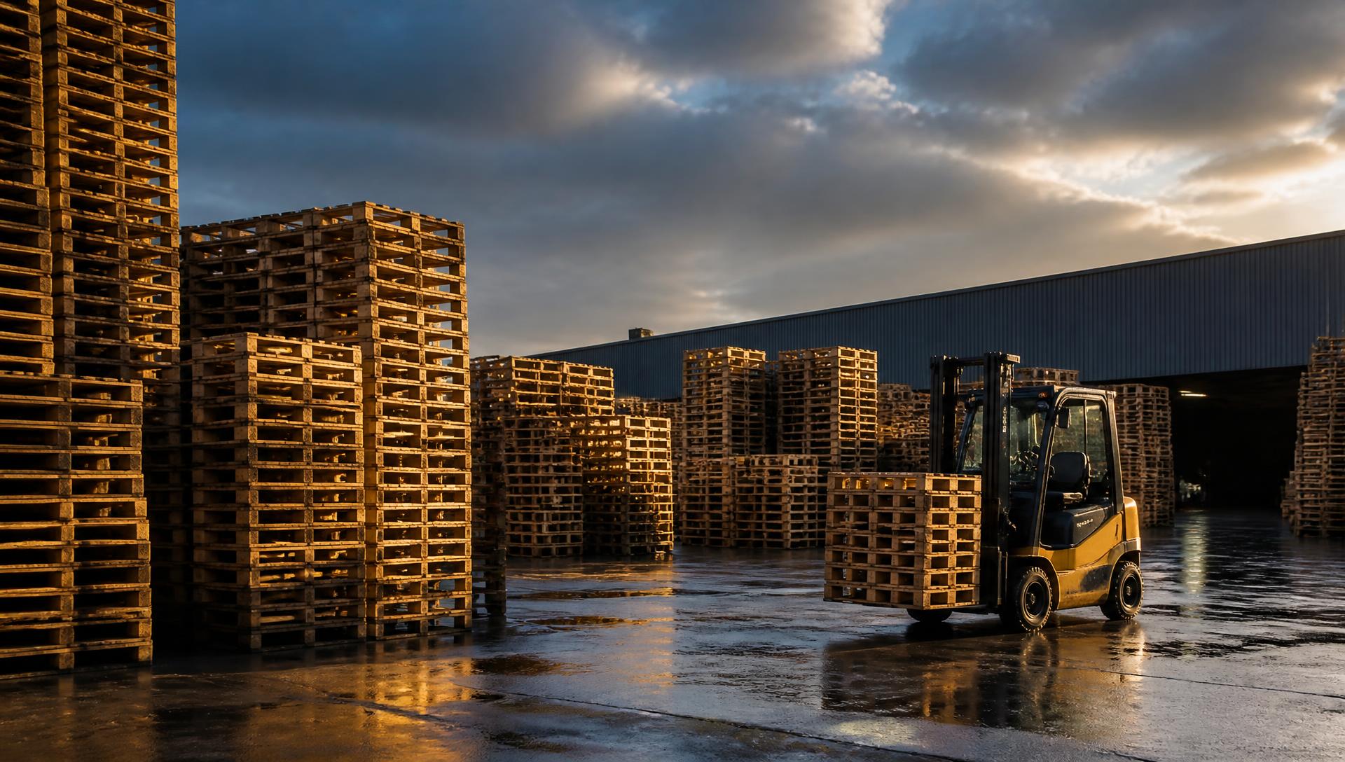 Forklift moving stacked wooden pallets across a pallet yard at golden hour